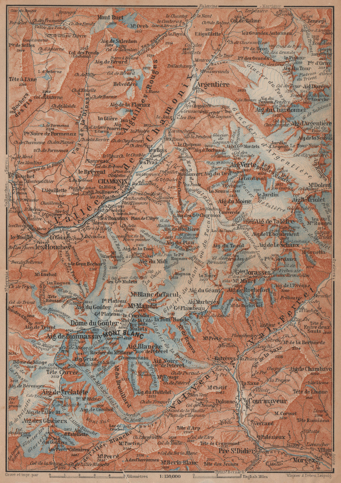CHAMONIX & MONT BLANC MASSIF. Argentière Les Houches Courmayeur carte 1901 map